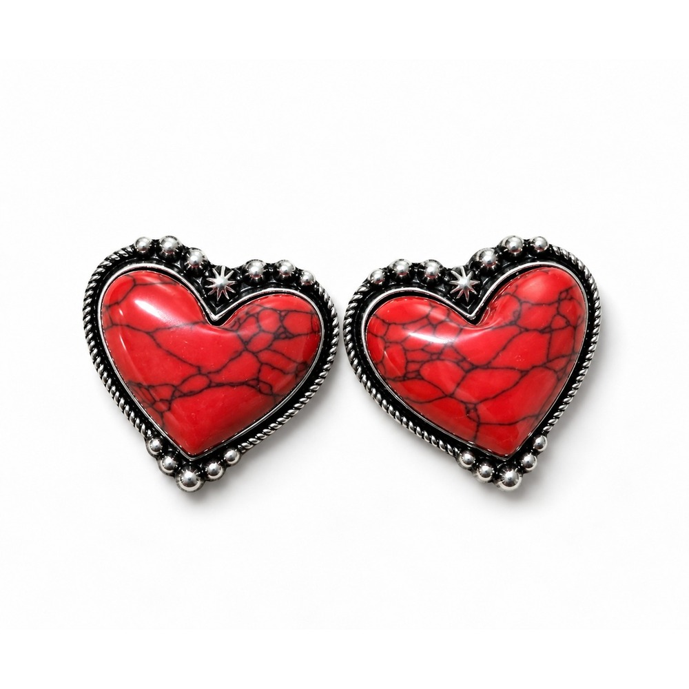 Western Heart Stud Earrings Red Howlite Stone Silver Concho Cowgirl Jewelry